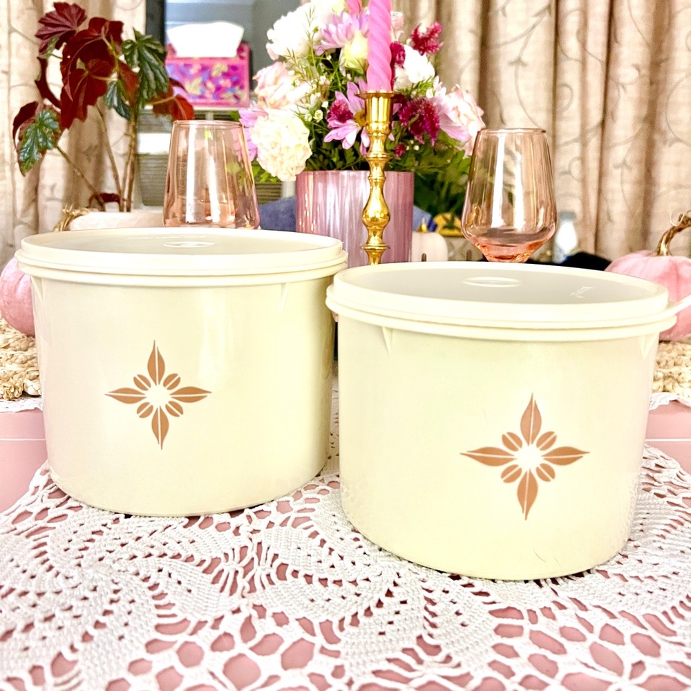 Vintage Tupperware Nesting Canisters & Lids Almond Starburst #264 & #265